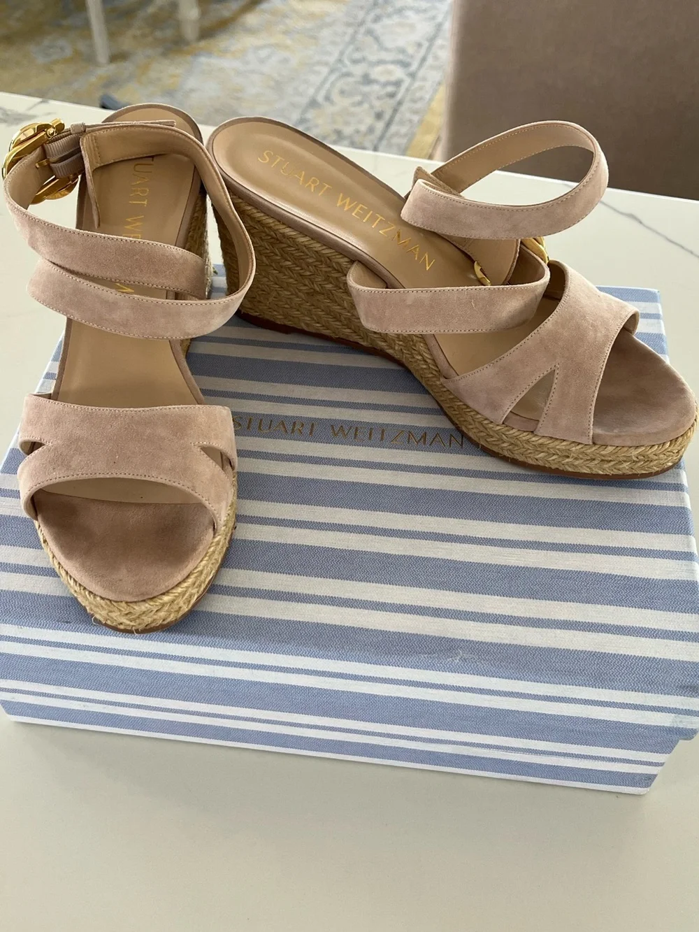 Stuart Weitzman Zuzu Suede Sandal Espadrille Wedges Nude Beige Size 9 / 39.5 - Picture 5 of 10